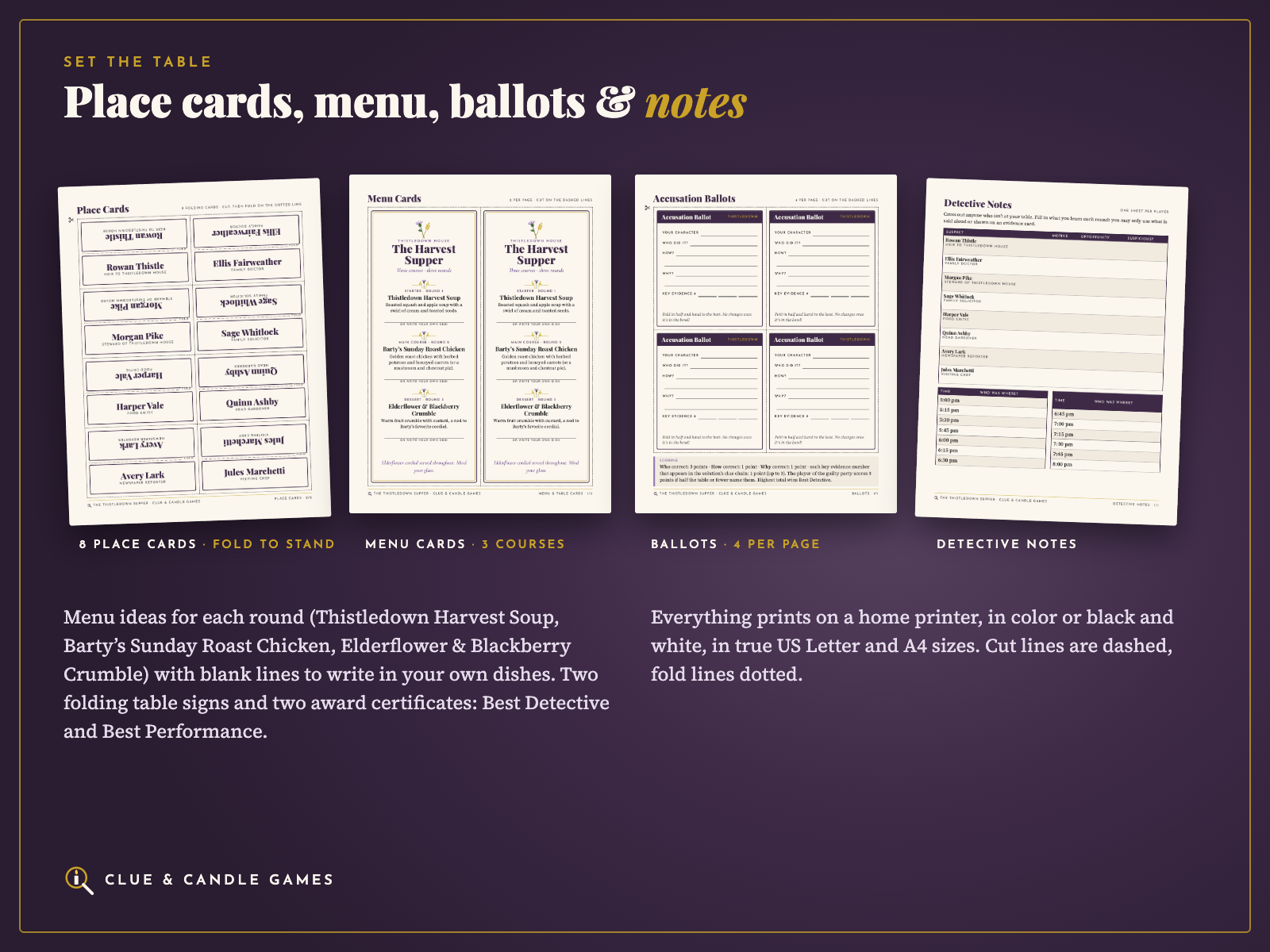 Real pages: place cards, menu cards, accusation ballots and detective notes